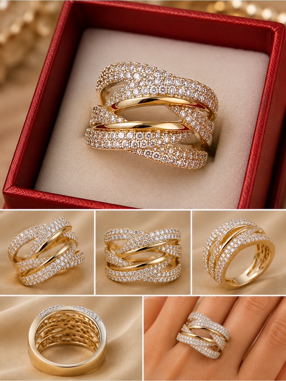 Gold Crystal Pavé Multi-Band Women's Ring